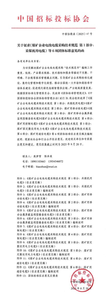 中招协关于征求《煤矿企业电线电缆采购技术规范》6项团体标准意见的函